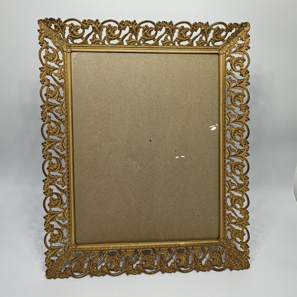 Vintage Gold Brass Filigree Leaf Floral Ornate Picture Frame 11x14" Victorian